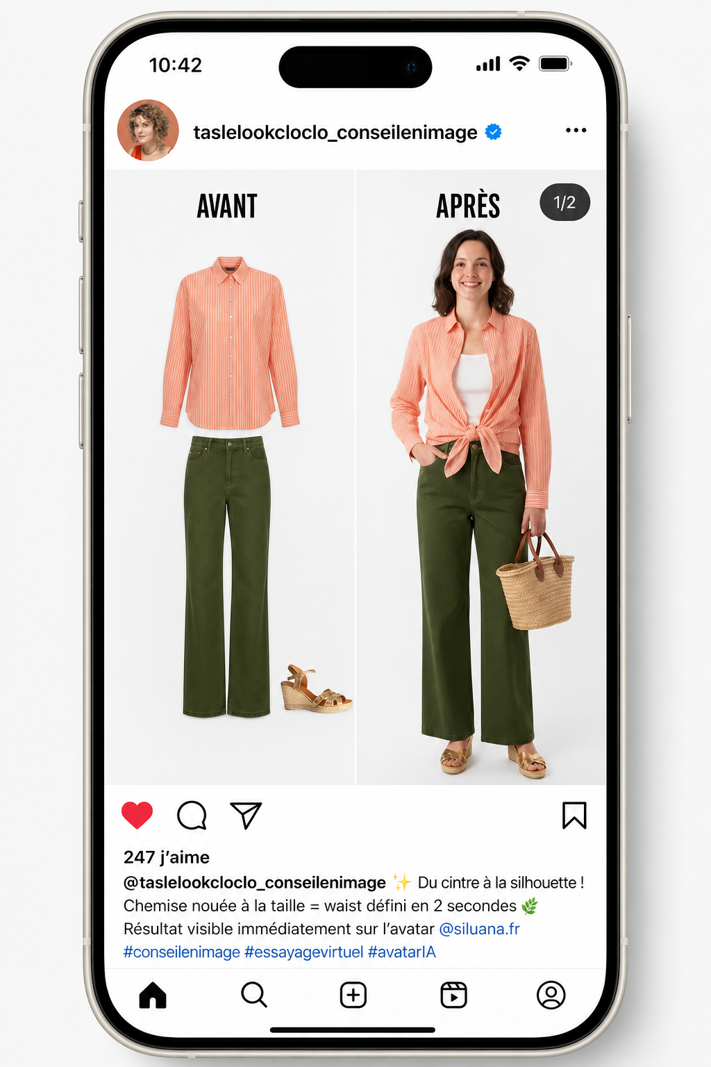 Exemple de post Instagram avant/après généré avec Siluana : du vêtement à plat au look porté sur avatar personnalisé