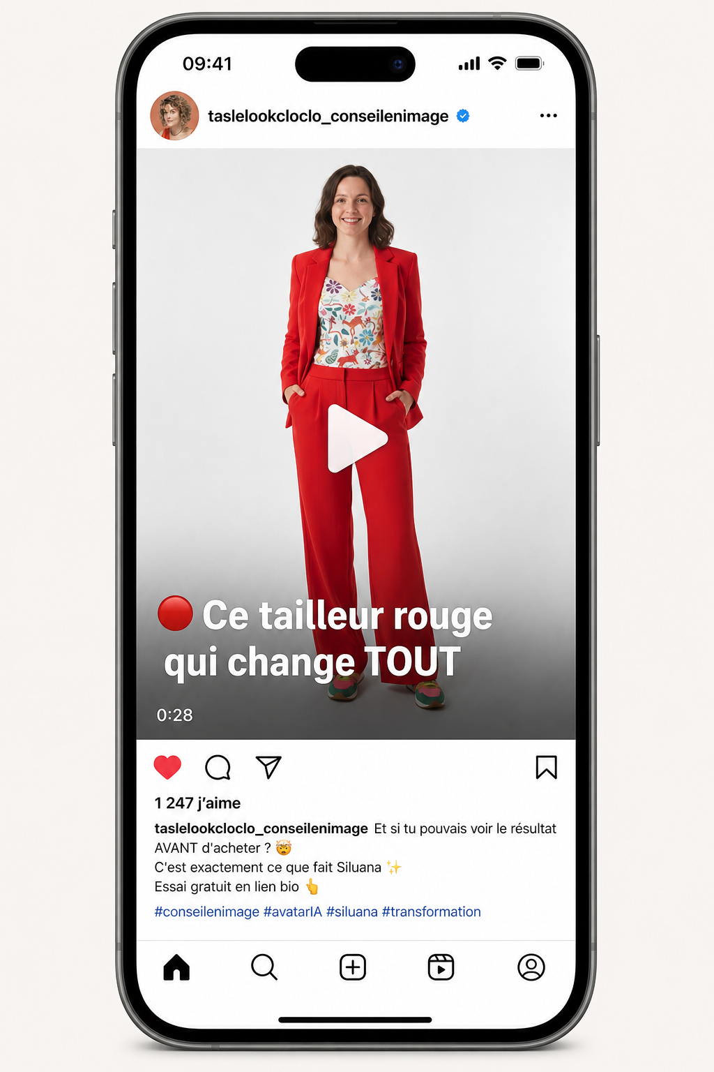 Reel Instagram de transformation avec avatar Siluana : tailleur rouge avant/après pour conseillère en image